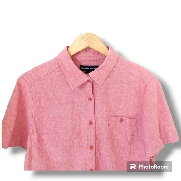 Norton McNaughton Blouse-Size XL-Linen Blend-Embroidered Hem-Salmon-Pocket - Picture 2 of 9